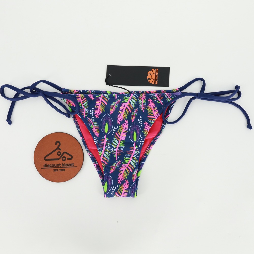 Sundek Jennifer Bikini Bottoms Navy Feather Print Side Tie Swim‎ NWT XS Beach